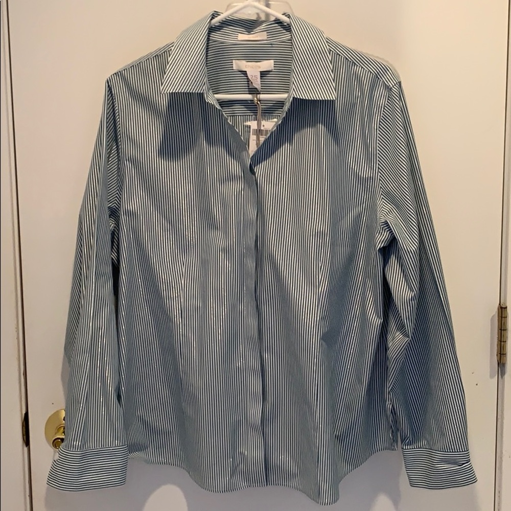 Chico's Blue & White Vertical Stripe Button-Down Blouse